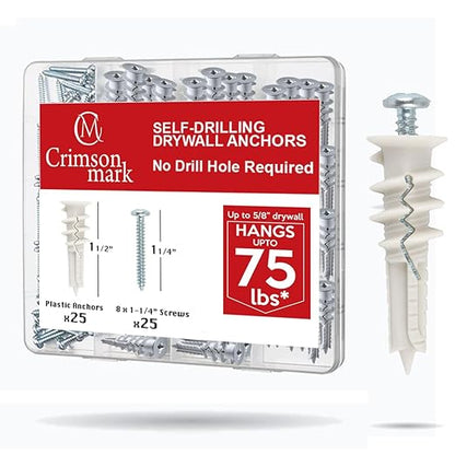 50Pcs Self Drilling Drywall Anchors and Screws kit #8 x 1-1/4”- Superb Wall Anchors for Drywall, Holds Upto 75lbs – No Drill Hole Required with These Drywall Screws and Anchors