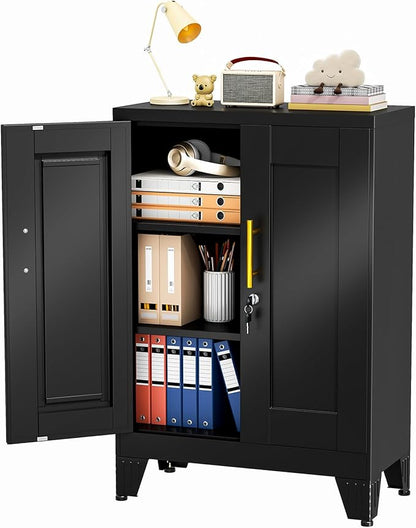 35.43" Lockable Metal Storage Cabinet, Steel Locker File Cabinet with 2 Doors ＆ 2 Adjustable Shelves, Multi-Purpose Organizer for Home, Office File Storage & Garage Locker (Black)
