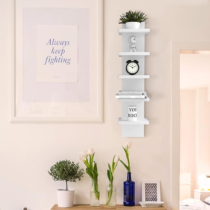 5 Tier Wall Shelves White, Vertical Column Shelf Floating Storage Home Decor Organizer Tall Tower Design Utility Shelving Bedroom Living Room, 30.7, 31