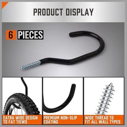 HORUSDY 6-Pack Heavy Duty Garage Storage Hooks, 6" Utility Wall Hooks for Tools, Ladders, Bikes, Hoses & Cords – Steel Garage Organizer Hooks for Wall Mount Storage Systems