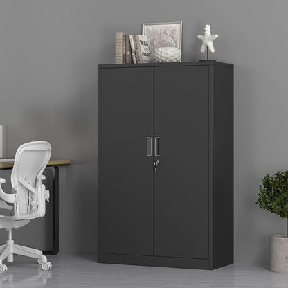 Metal Storage Cabinet with Locking Doors and 3 Adjustable Shelves, 53.5-Inch Tall Lockable Steel Storage Cabinets for Home Office Garage Pantry (Black)