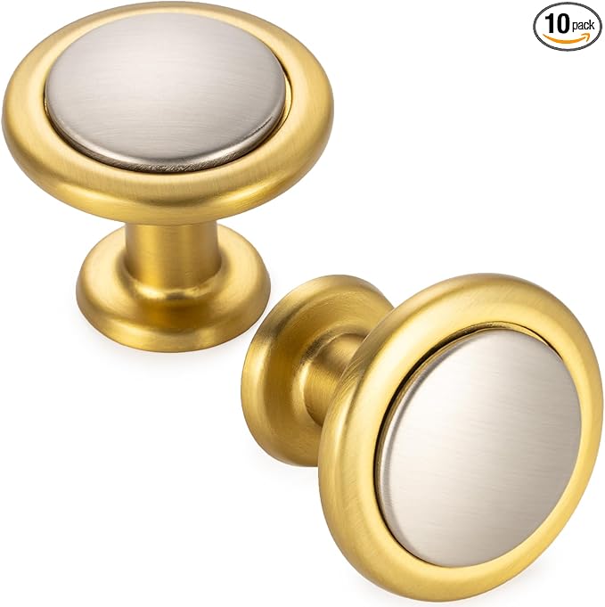 KOOFIZO 10 Pack Nickel and Gold Kitchen Cabinet Knobs Brushed Silver and Gold Drawer Knobs 1960 Round Single Hole Cabinet Pulls for Cabinets Drawers Dresser Cupboard Bedroom Bathroom