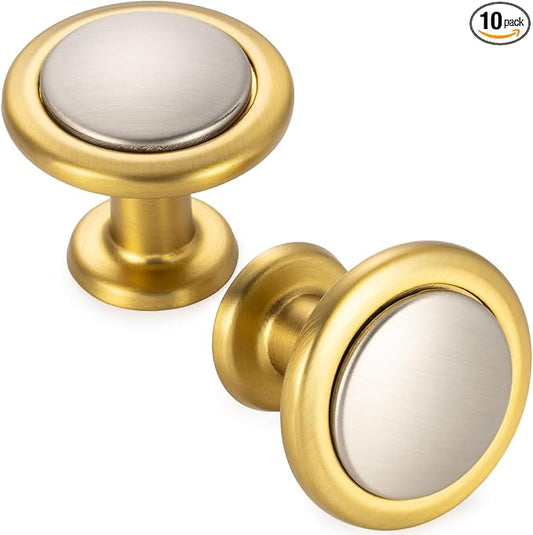 KOOFIZO 10 Pack Nickel and Gold Kitchen Cabinet Knobs Brushed Silver and Gold Drawer Knobs 1960 Round Single Hole Cabinet Pulls for Cabinets Drawers Dresser Cupboard Bedroom Bathroom