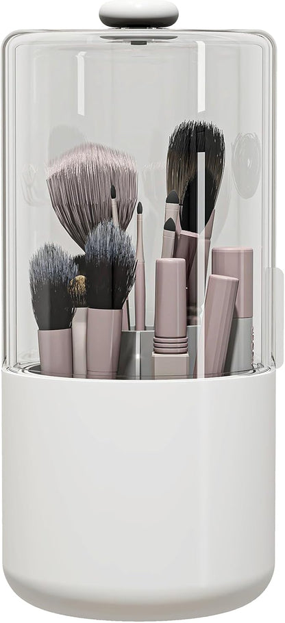 Makeup Brush Holder with Dustproof Cover, Clear 360 Rotating Make Up Brushes Organizer for Counter Vanity Bathroom, White
