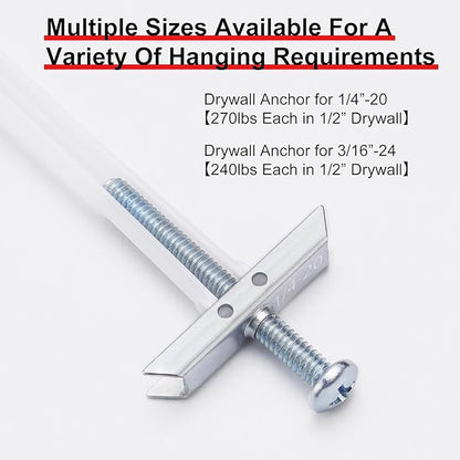 Heavy Duty Drywall Anchor Bolts with 1/4"-20 Fastener Suitable for TV Mounting Hollow Wall Anchor Bolt Screw Kit Supports Up to 270 lbs Each on 1/2 Inch Drywall Pack of 20