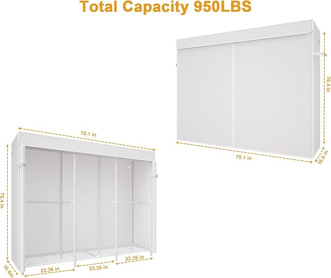 E14C Pro Heavy Duty Closet Organizer System，Freestanding Clothing Racks for Hanging Clothes，Adjustable Garment Rack 70.1"W × 16.6"D × 76.4"H Hold 960 lbs，White Rack with White Dustproof Cover