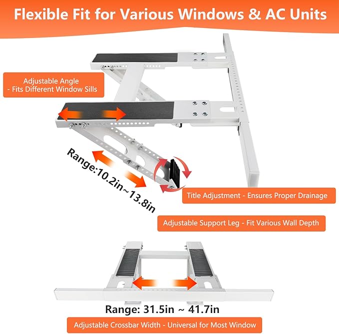 No-Drill Window AC Bracket, Adjustable Support for Single/Double Hung Windows, Heavy Duty Epoxy-Coated Steel Holds 300lbs, Easy Installation