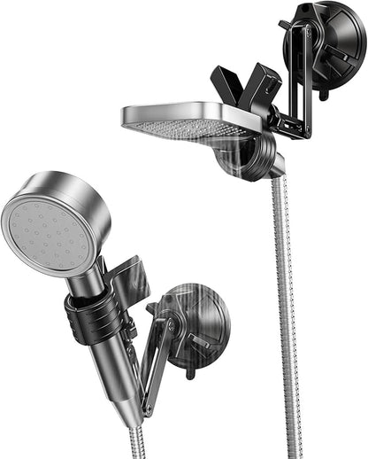 Adjustable Shower Head Holder, Strong Suction Cup Handheld Shower Wand Holder with 360° Rotation & Telescopic Arm,Wall Mount for RV/Bathroom, No Drill Adhesive Free Showerhead Mount Hanger