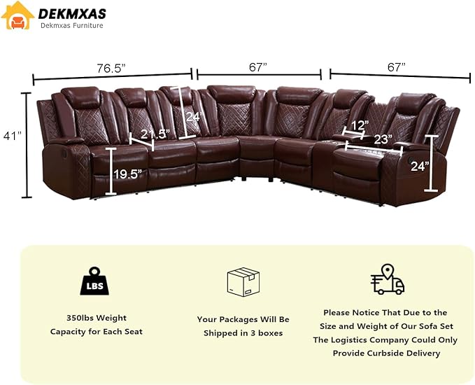 Leather Sectional 3-Piece Living Room Furniture Sets with LED Light, Power Recliner Sectional Sofa, Brown Power Reclining Sofa Couches Set with Cup Holder/Storage Console for Home Theater