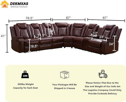 Leather Sectional 3-Piece Living Room Furniture Sets with LED Light, Power Recliner Sectional Sofa, Brown Power Reclining Sofa Couches Set with Cup Holder/Storage Console for Home Theater