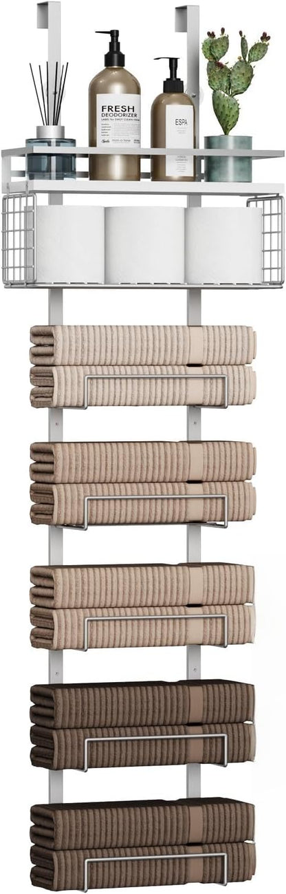 Towel Racks for Bathroom Over The Door Towel Racks Towel Storage Organizer with Metal Shelf Basket for Bathroom Rv Camper (7-Tier Silver)