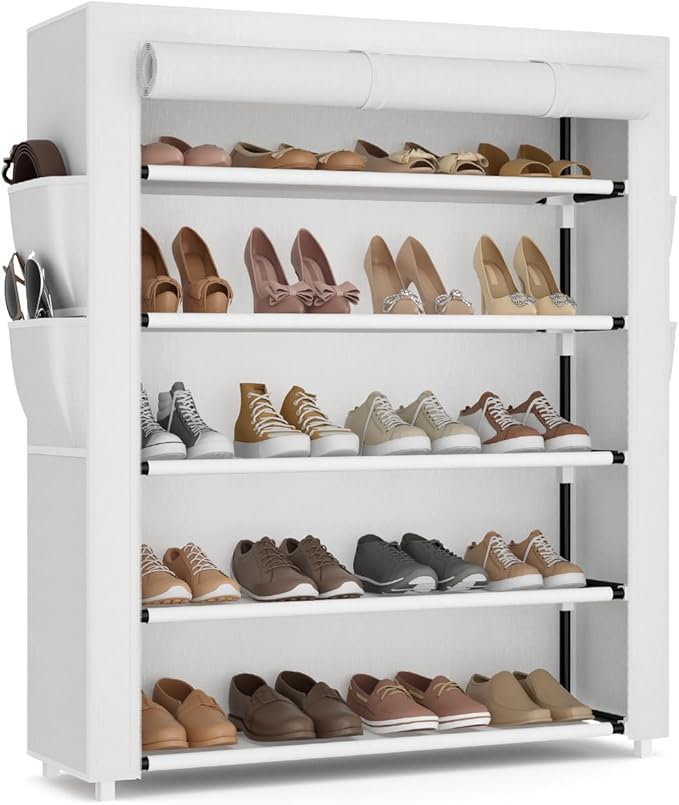 Shoe Rack with Cover, 5 Tier Shoe Organizer Storage for 20-24 Pair Shoes and Boots Large Shoe Storage Shelf Space Saving Vertical Shoe Rack for Closet, Front Door Entrance, Dorm, Garage, White