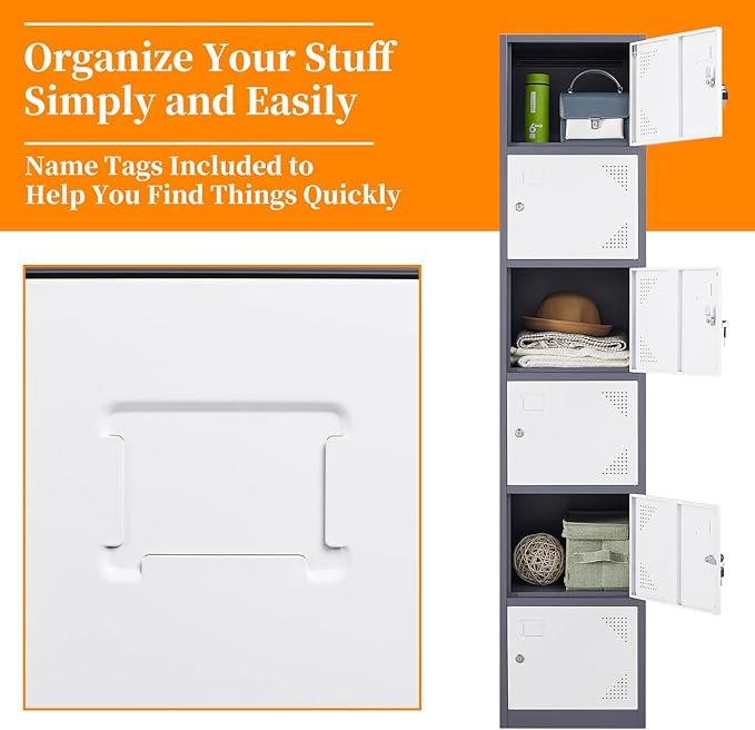 Metal Locker with 6 Doors, 71" Lockers for Employees Steel Storage Locker, Lockable Locker Cabinet for School, Gym, Home Office and Garage（Grey White）