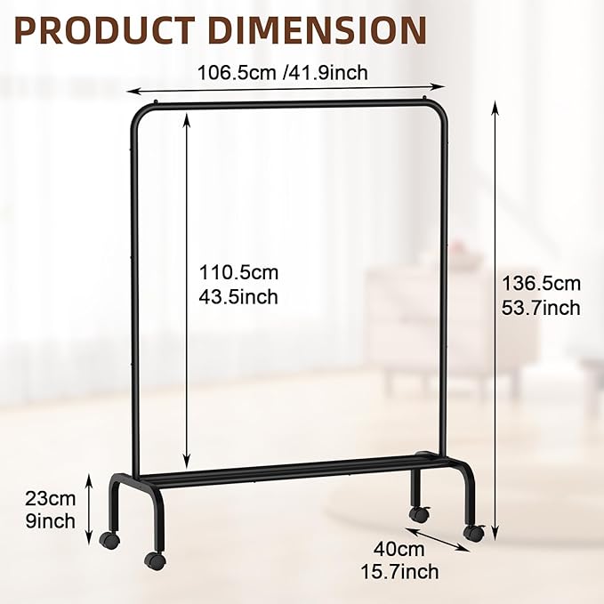 Rolling Clothing Racks for Hanging Clothes, Garment Rack for Clothes to Hang, Metal Portable Wardrobe Rack for Coats, Jackets, Shirts, Dress,Black