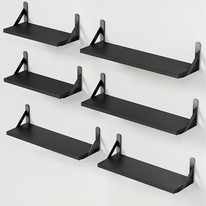 AMADA HOMEFURNISHING Wall Shelves Set of 6, Wood Floating Shelves for Decor, Rustic Farmhouse for Bedroom, Bathroom Storage, Book Shelves for Living Room, Black