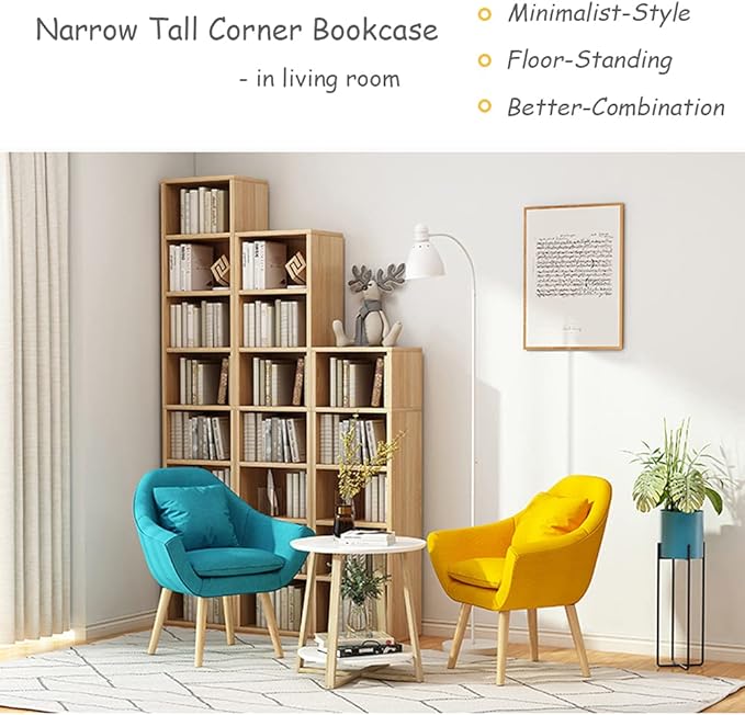 IOTXY Small Narrow Corner Bookcase - 71 Inches Tall Gap Freestanding Storage Cabinet, 7 Lattices Open Shelves Tower Rack with Door, Cubes Bookshelf in Oak