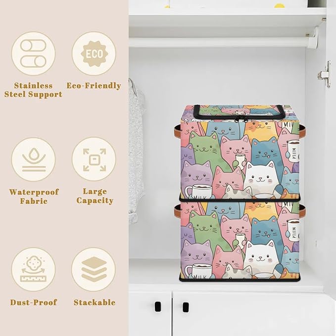 Cute Cat Storage Bins with Zipper Lid, Collapsible Fabric Storage Basket with Leather Handles Closet Shelf Cloth Organizer Basket for Nursery Bedroom Clothes Toy