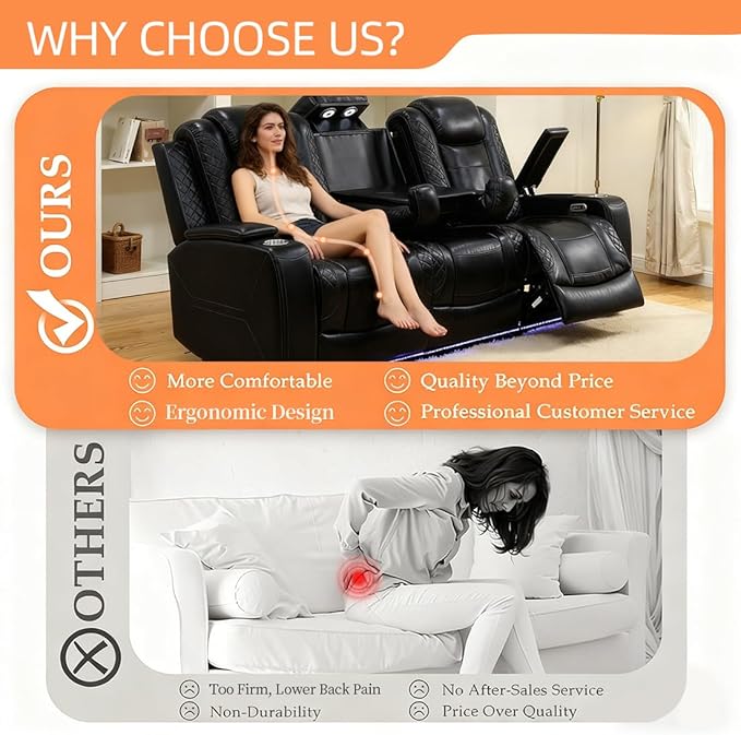 Living Room Furniture Sets, Power Reclining Sofa and Lovseat Set with Reading Light, Leather Recliner Couch Sets, Power Recliner Sofa with LED Storage Console/Cup Holder for Home/Apt/Office