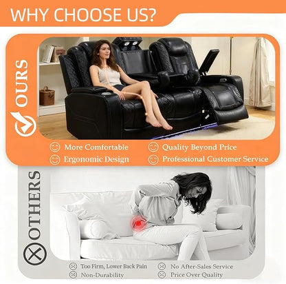 Living Room Furniture Set, Power Reclining Sofa Set, Black Leather 3-Seated Recliner Couch with Drop-Down Table, Recliner Sofa with Storage Console/Cup Holder for Living Room/Apt/Office