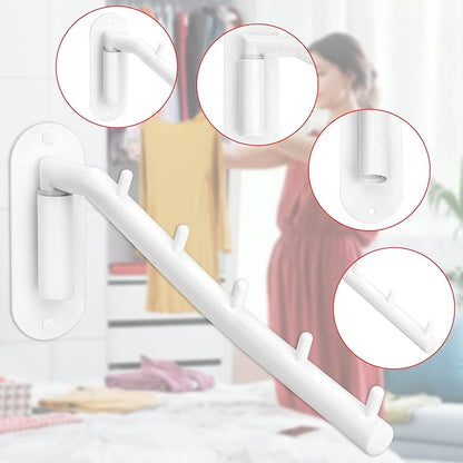 Sumnacon Stainless Steel Clothes Hanger Rack-Wall Mount Clothing Rack with Swing Arm, Sturdy Clothing Hanger Rack for Laundry Room Bedrooms Clothing Drying Rack with 5 Hooks, White