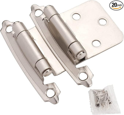 DecoBasics Cabinet Hinges Brushed Nickel for Kitchen Cabinets Doors (10 Pair -20 Pcs) -1/2" Overlay (Variable) -Self Closing Kitchen Cabinet Hinges Flush Mount w/Silicon Bumpers & Hardware Screws