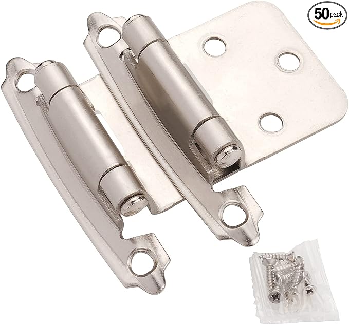 DecoBasics Cabinet Hinges Brushed Nickel for Kitchen Cabinets Doors (25 Pair -50 Pcs) -1/2" Overlay (Variable) -Self Closing Kitchen Cabinet Hinges Flush Mount w/Silicon Bumpers & Hardware Screws