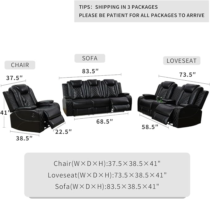 Breathing Leather Power Reclining Sofa Set, Living Room Furniture Sets, Power Recliner Sofa Couch Loveseat with 3 Recliner Seats/LED Light/Cup Holders/Drop-Down Table for Living Room/Office