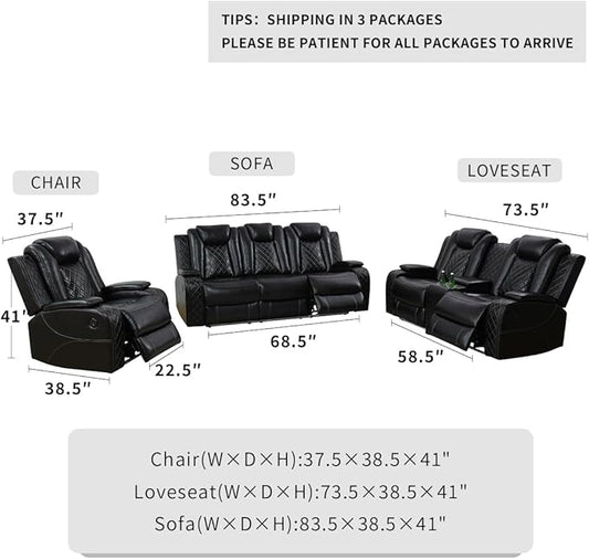 Power Reclining Loveseat Set, Living Room Furniture Sets, Black Breathing Leather Power Recliner Sofa Lovseat with 2 Recliner Seats/LED Light/Cup Holders/Storage Console for Living Room/Rv Car