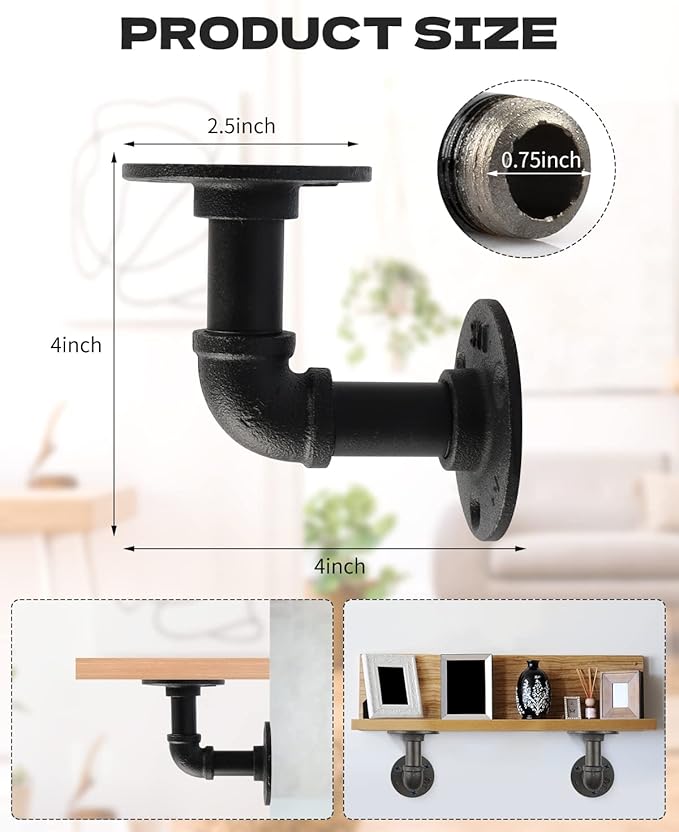 MUZIK Shelf Bracket, 12 Pack Heavy Duty Floating Shelf Brackets, Industrial Pipe Wall Mount Metal Shelving Brackets for Shelves, Vintage Black Iron Finish DIY Pipe Shelf (4*4 Inch)