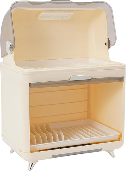 Dish Drying Rack, 2-Tier Plastic Dish Rack for Kitchen Counter with Lid, Kitchen Organizers and Storage Rack with Drainboard and Cutlery Holder for Plates Bowls Cups