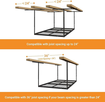 3x6ft Overhead Garage Storage Rack, Heavy Duty Metal Ceiling Shelf, 22'' to 40" Adjustable Dropdown, 450lbs Loading Weight Capacity, Black