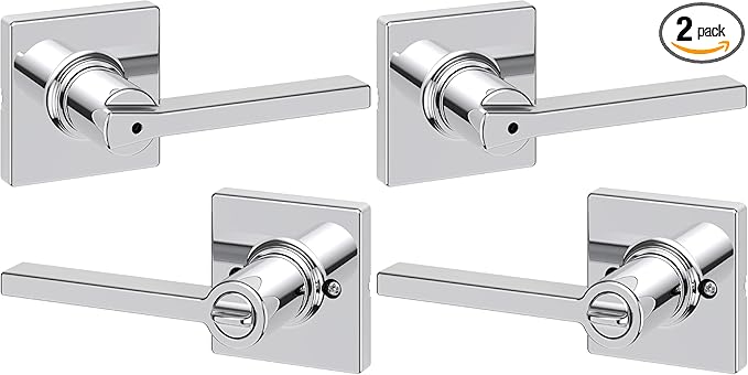 Kwikset Casey Interior Privacy Door Handle with Lock, Door Lever for Bathroom and Bedroom, Polished Chrome Reversible Keyless Turn Lock (Pack of 2)