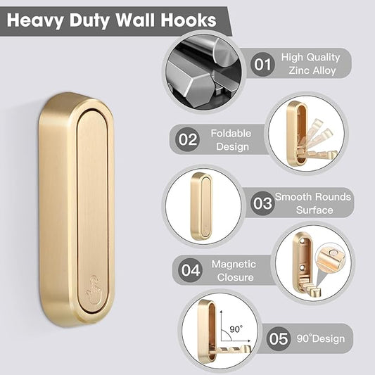 Folding Coat Hooks, 6 Pcs Foldable Gold Wall Hooks Heavy Duty Foldable Hook Bathroom Towel Hooks Robe Hooks Wall Mounted for Hanging Coat Towels Clothes Hat Bags Keys