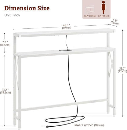 FAVOOSTY 46.8" Skinny Console Table with Charging Station and LED Light,5.9" Narrow Sofa Table with Power Outlets and Type C & USB Port, Behind Couch Table for Living Room, Hallway, EntryWay, White