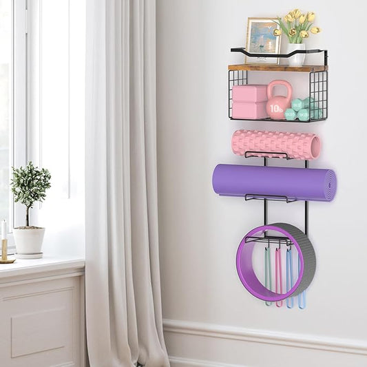 Yoga Mat Holder Wall Mount, Yoga Accessory Mats Storage Rack , Home Gym Accessories Organizer Storage With Wood Floating Shelves, Storage Basket and 4 Hook For Hanging Yoga Strap & Resistance Bands