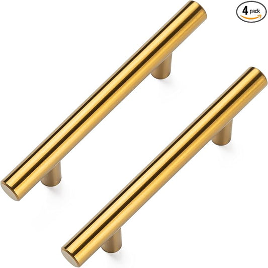 4 Pack Cabinet Pulls Brushed Brass Stainless Cabinet Handles, for Kitchen and Bathroom Cabinets, 5 Inch Length, 3 Inch Hole Center