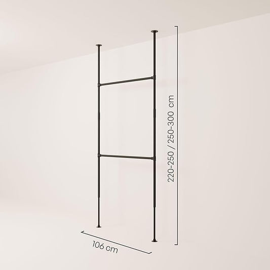pamo Black Industrial Pipe Clothing Rack - LOFT I - Steplessly Adjustable Closet Organizer System for Ceiling Heights between 86" - 98"- Suitable as Closet Clothes Rack or Room Divider