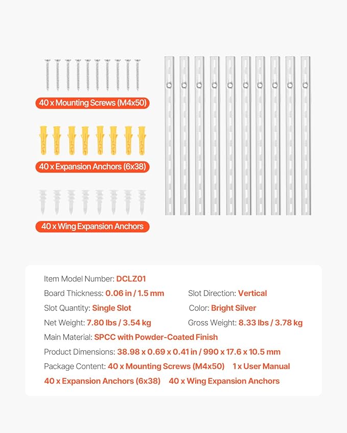 VEVOR Shelf Pilaster, 39-inch 10 Pack, Upright Wall Shelving System, Heavy Duty Support System Single Slot Shelf Rails, 40 Screws Included, Suitable for Cabinet Closet Organization Storage, Silver