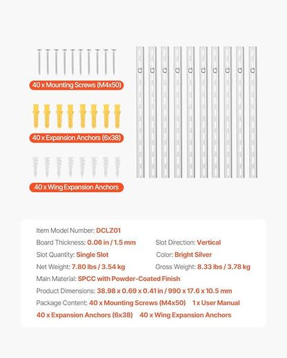 VEVOR Shelf Pilaster, 39-inch 10 Pack, Upright Wall Shelving System, Heavy Duty Support System Single Slot Shelf Rails, 40 Screws Included, Suitable for Cabinet Closet Organization Storage, Silver