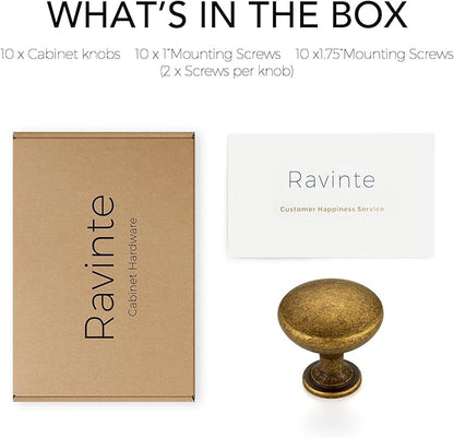 Ravinte 10 Pack Antique Brass Round Zinc Cabinet Knobs for Kitchen Bathroom Closet Dresser Cabinets