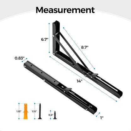 Home Expert 14 Inch Folding Shelf Brackets, 6 Pack (3 Pairs) Heavy Duty Metal Collapsible Wall-Mounted Brackets, Space-Saving DIY Foldable Shelf for Benches and Tables, Matte Black