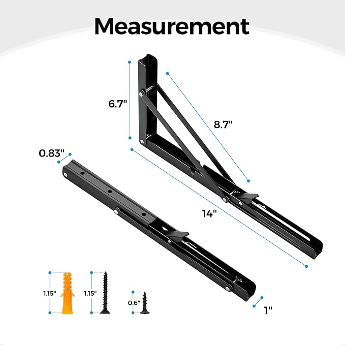 Home Expert 14 Inch Folding Shelf Brackets, 2 Pack (1 Pairs) Heavy Duty Metal Collapsible Wall-Mounted Brackets, Space-Saving DIY Foldable Shelf for Benches and Tables, Matte Black
