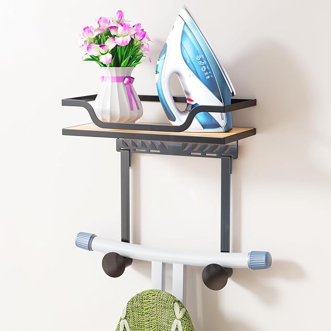 Ironing Board Hanger Wall Mount with Renewable Natural Fiber Shelf, Heavy Duty Iron Board Holder for Laundry Room Organization and Storage, Fits T & Y Shaped Leg Boards, Space Saving, Black