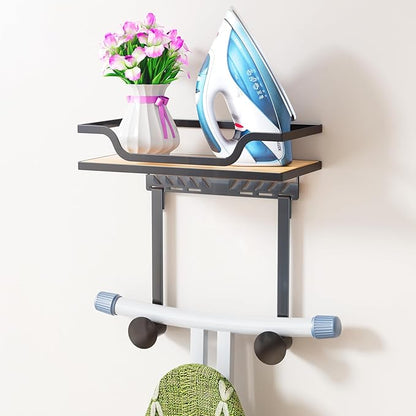 Ironing Board Hanger Wall Mount with Renewable Natural Fiber Shelf, Heavy Duty Iron Board Holder for Laundry Room Organization and Storage, Fits T & Y Shaped Leg Boards, Space Saving, Black