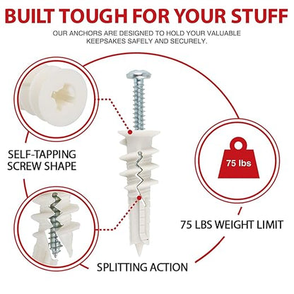 50Pcs Self Drilling Drywall Anchors and Screws kit #8 x 1-1/4”- Superb Wall Anchors for Drywall, Holds Upto 75lbs – No Drill Hole Required with These Drywall Screws and Anchors
