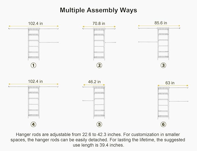 Ulif M5 Wall Mounted Clothes Garment Rack, Heavy Duty Closet Storage and Organizer with 6 Shelves and 3 Expandable Hanger Rods, Space Saver Suit (46.2-102.4)" W x 14" D x 83.1" H, White