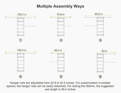 Ulif M5 Wall Mounted Clothes Garment Rack, Heavy Duty Closet Storage and Organizer with 6 Shelves and 3 Expandable Hanger Rods, Space Saver Suit (46.2-102.4)" W x 14" D x 83.1" H, White