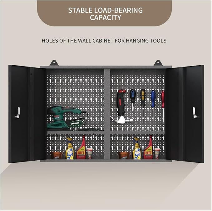 JZD Steel Hanging Upper Garage Cabinets with 22 Tool Hooks, Wall Cabinet for Tool Organization, Black & Grey