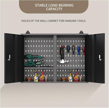 JZD Steel Hanging Upper Garage Cabinets with 22 Tool Hooks, Wall Cabinet for Tool Organization, Black & Grey