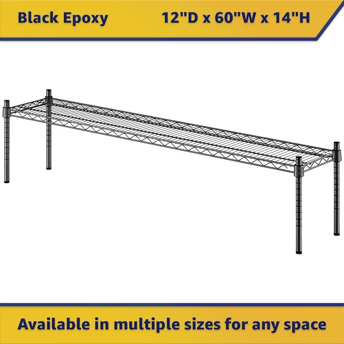 Black Epoxy Wire Storage Shelf, Dunnage Rack, Commercial 1 Tier Small Shelf, 12" x 60" x 14", Heavy-Duty Metal, 600 lbs Capacity